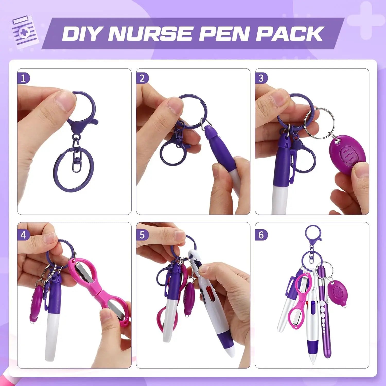 6-in-1 Multifunction Retractable Ball Pen Set Flashlight Foldable Scissors Ballpoint Pen Keychain Nurse Pens Permanent Marker
